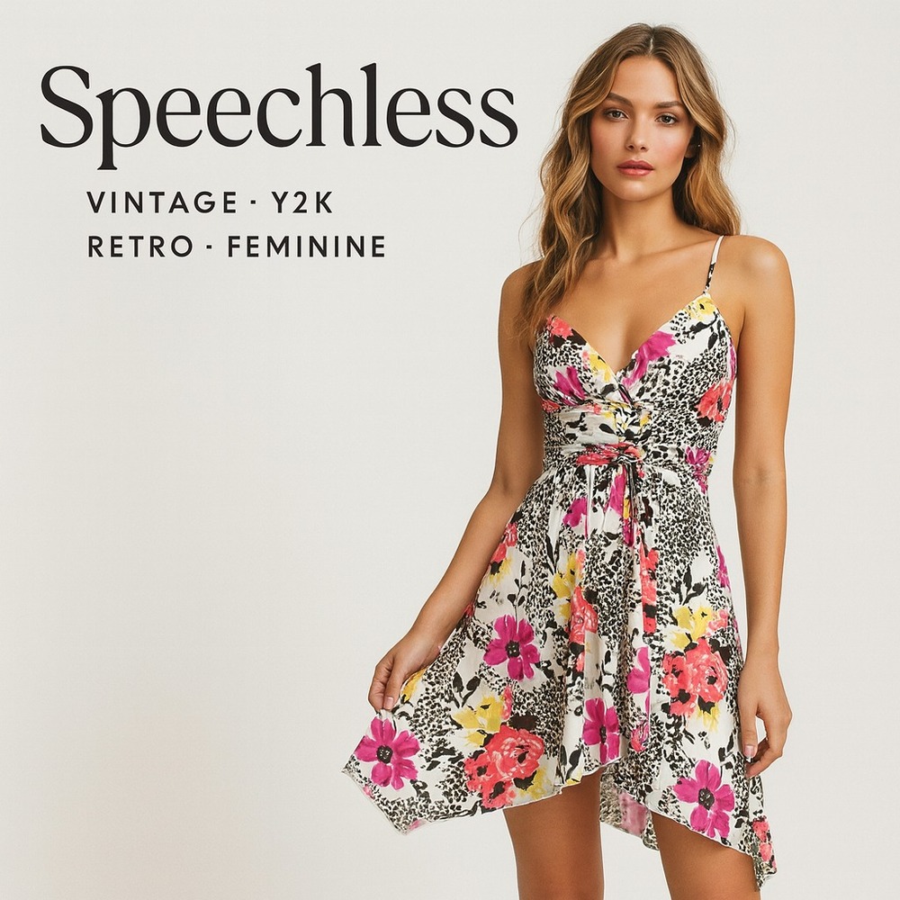 VTG Speechless Womans Dress Sz M Y2K Leopard Floral Asymmetrical Flouncy‎ Grunge